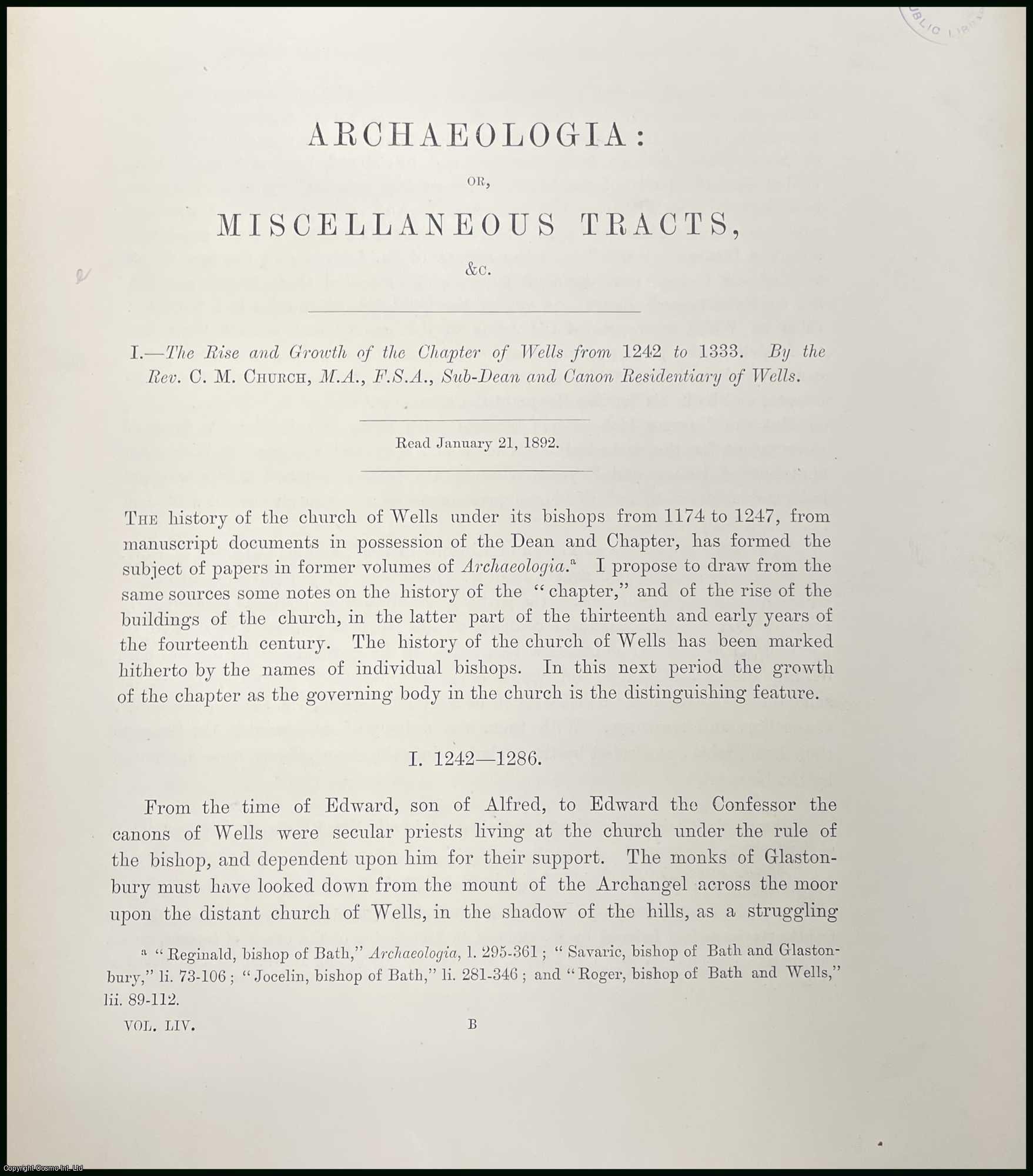 REV. C.M. CHURCH, M.A., F.S.A. - The Rise and Growth of the Chapter of Wells from 1242 to 1333. A rare original article from the journal Archaeologia, 1894.