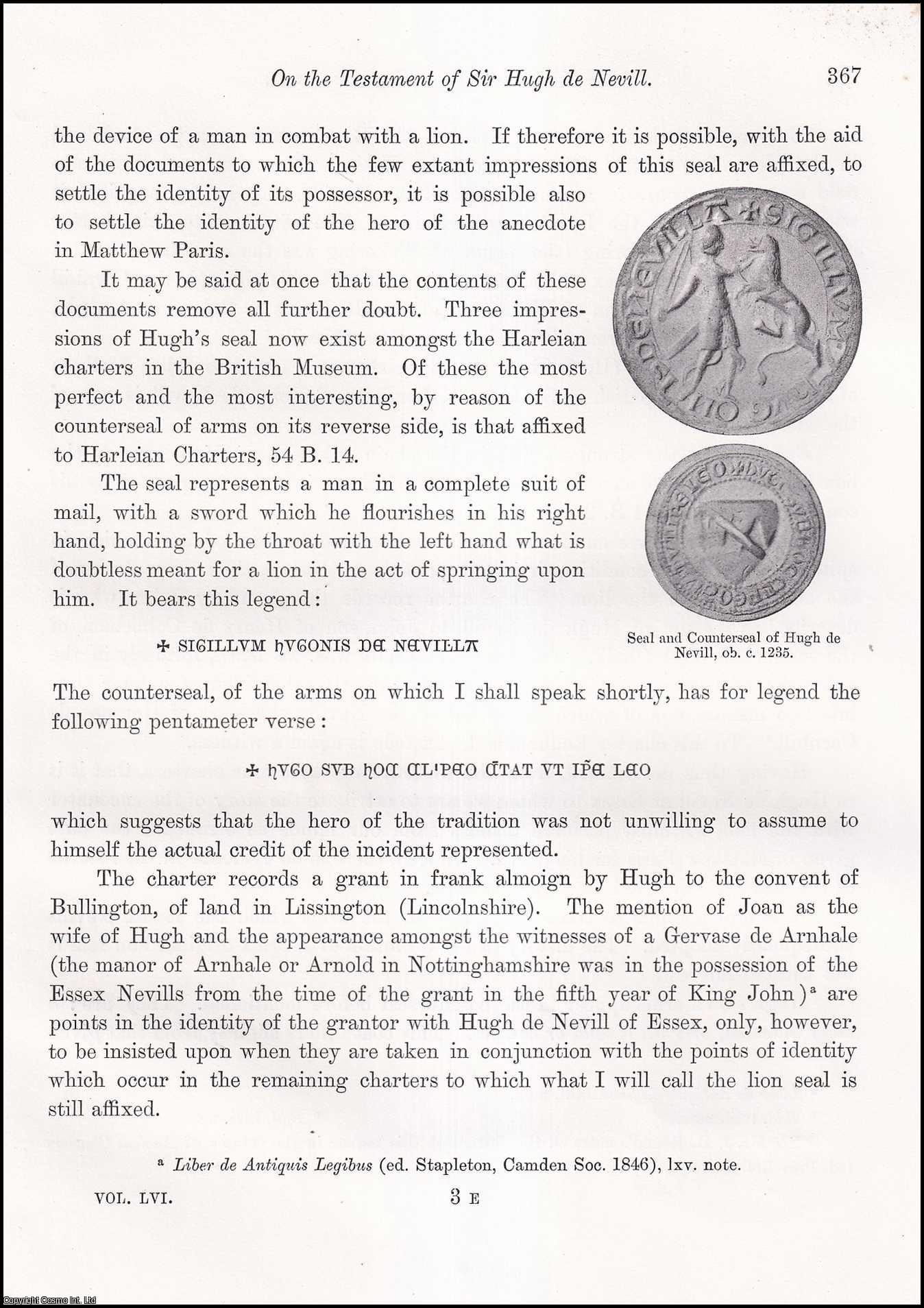 M.S. Giuseppi, Esq., F.S.A. - On the Testament of Sir Hugh Nevill, written at Acre, 1267. An uncommon original article from the journal Archaeologia, 1899.