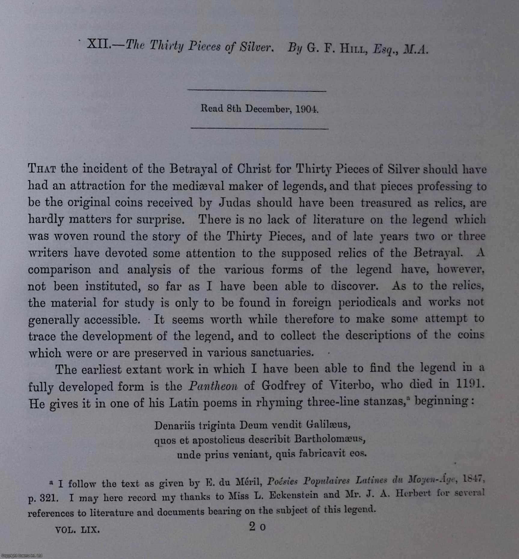 G.F. Hill, Esq., M.A. - The Thirty Pieces of Silver. An uncommon original article from the journal Archaeologia, 1905.