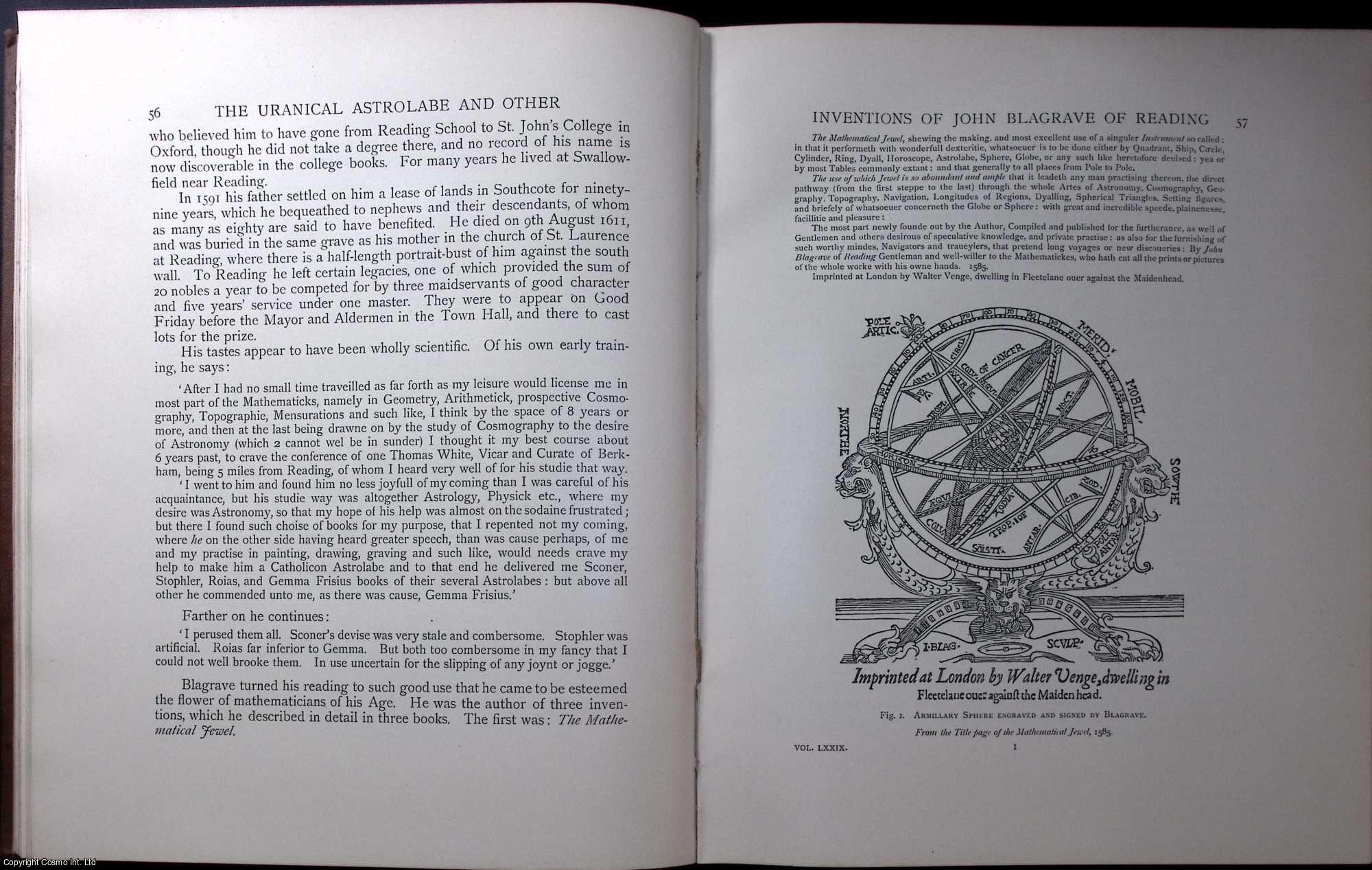 R.T. Gunther, M.A. - The Uranical Astrolabe ond other Inventions of John Blagrave of Reading. An original article from the Archaeologia journal, 1929.