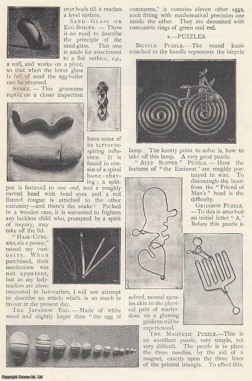 Written & illustrated by Ernest C. Fincham - Puzzles ; the oriental ring ; hair curlers ; mouse & match-box ; squeaking frog & more : Street Toys. An uncommon original article from The Strand Magazine, 1895.