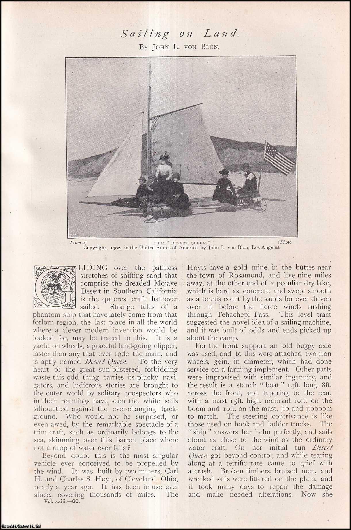 John L. Von Blon - Sailing on Land : land Yacht Racing. The Mojave Sesert, Southern California. An uncommon original article from The Strand Magazine, 1902.