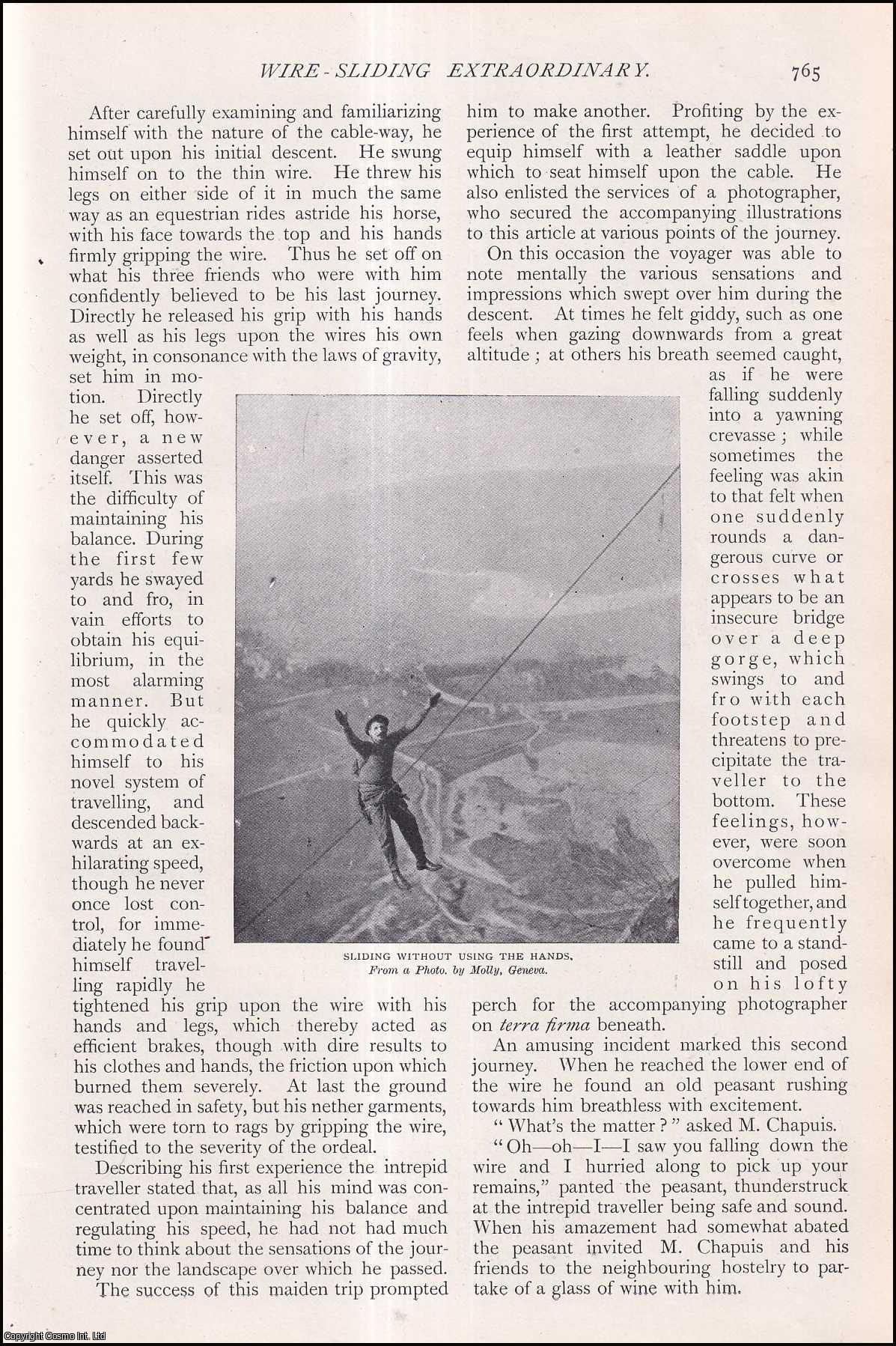 --- - Wire-Sliding Extraordinary. M. Chapuis slinding down half a mile of wire. Saleve, Geneva. A rare original article from The Strand Magazine, 1904.