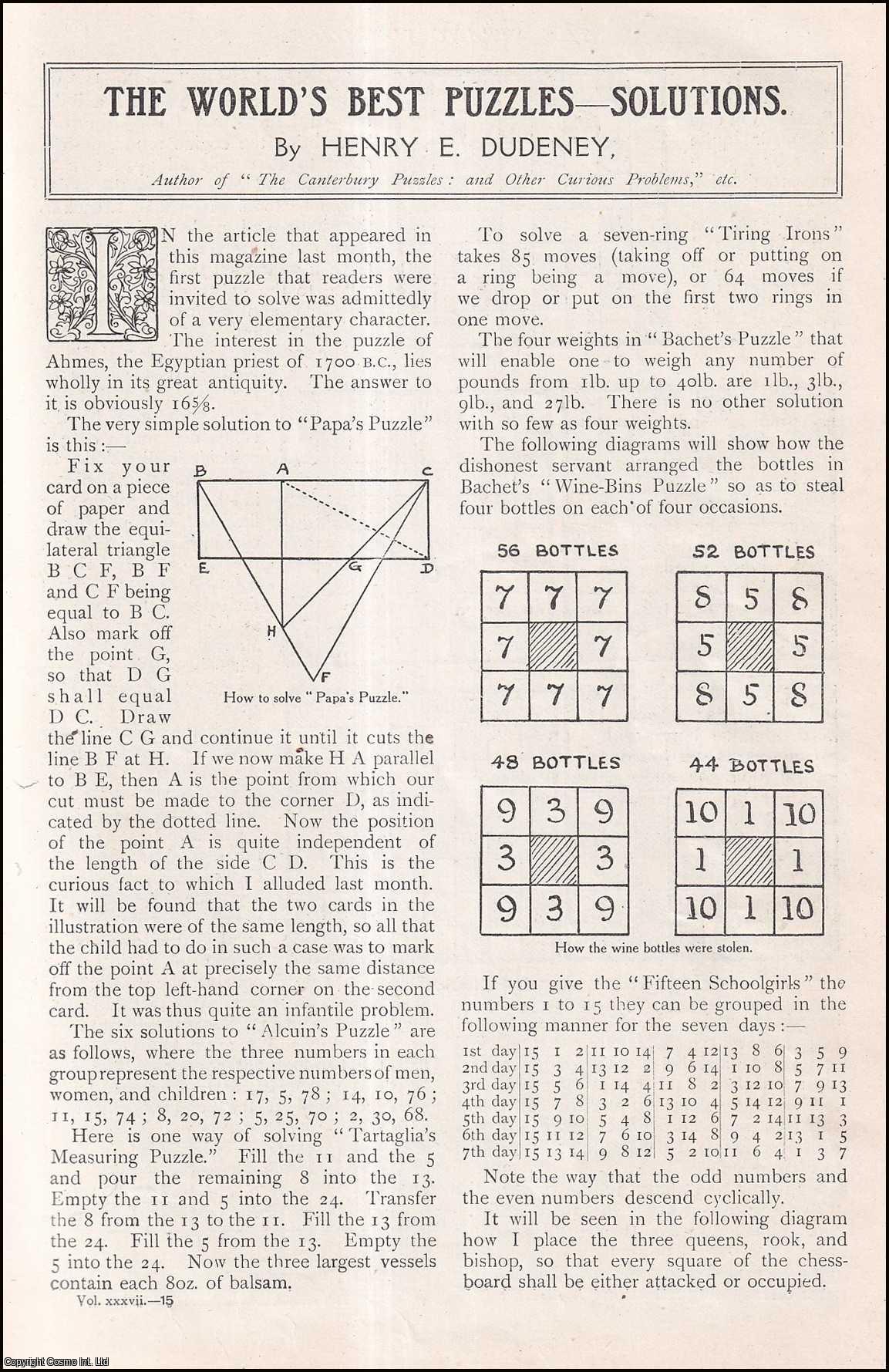 DUDENEY, HENRY E. - The World's Best Puzzle Solutions. A rare original article from The Strand Magazine, 1909.
