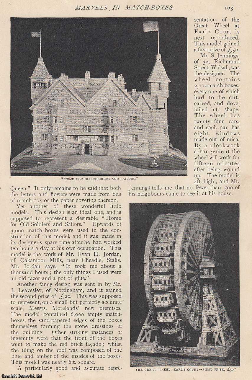 S.L. Neville-Dixon - Nelson's Ship Victory Passing a Lighthouse ; The Laxey Wheel, Isle of Man ; The Eiffel Bicycle & more : Marvels In Match-Boxes, Matchstick models. An uncommon original article from The Strand Magazine, 1898.