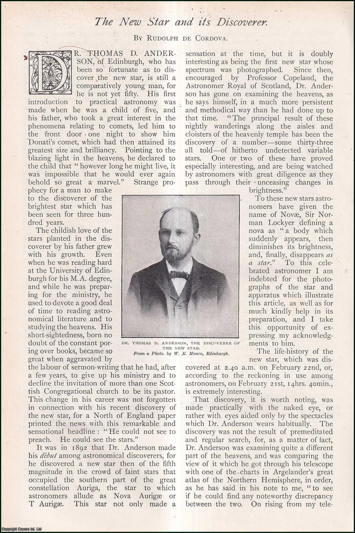 CORDOVA, RUDOLPH DE - The New Star and its Discoverer. Dr. Thomas D. Anderson. A rare original article from The Strand Magazine, 1901.