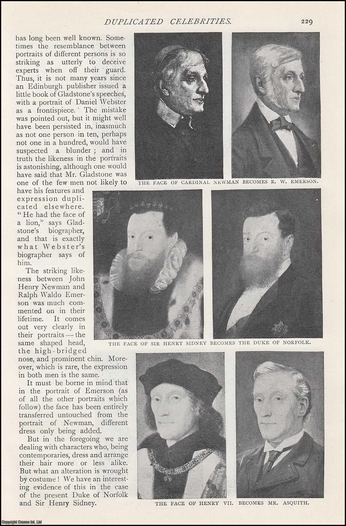 Stewart Eastlake - Duplicated Celebrities : George Colman becomes Sir Wilfrid Laurier ; Sir Eyre Coote becomes Sir Edward Carson ; Agnolo Doni becomes Sir Edward Grey & more. In each pair of portraits the second face is precisely the same as the first, the costumes only having been modernized. An uncommon original article from The Strand Magazine, 1909.