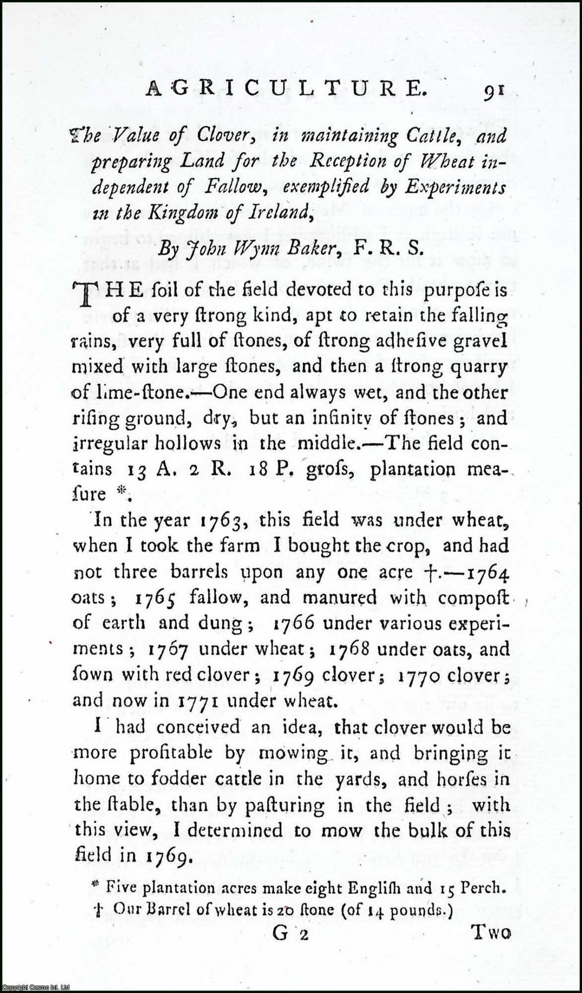 BAKER, JOHN WYNN - Experiments on Clover. A rare original article from the Annals of Agriculture, 1790.