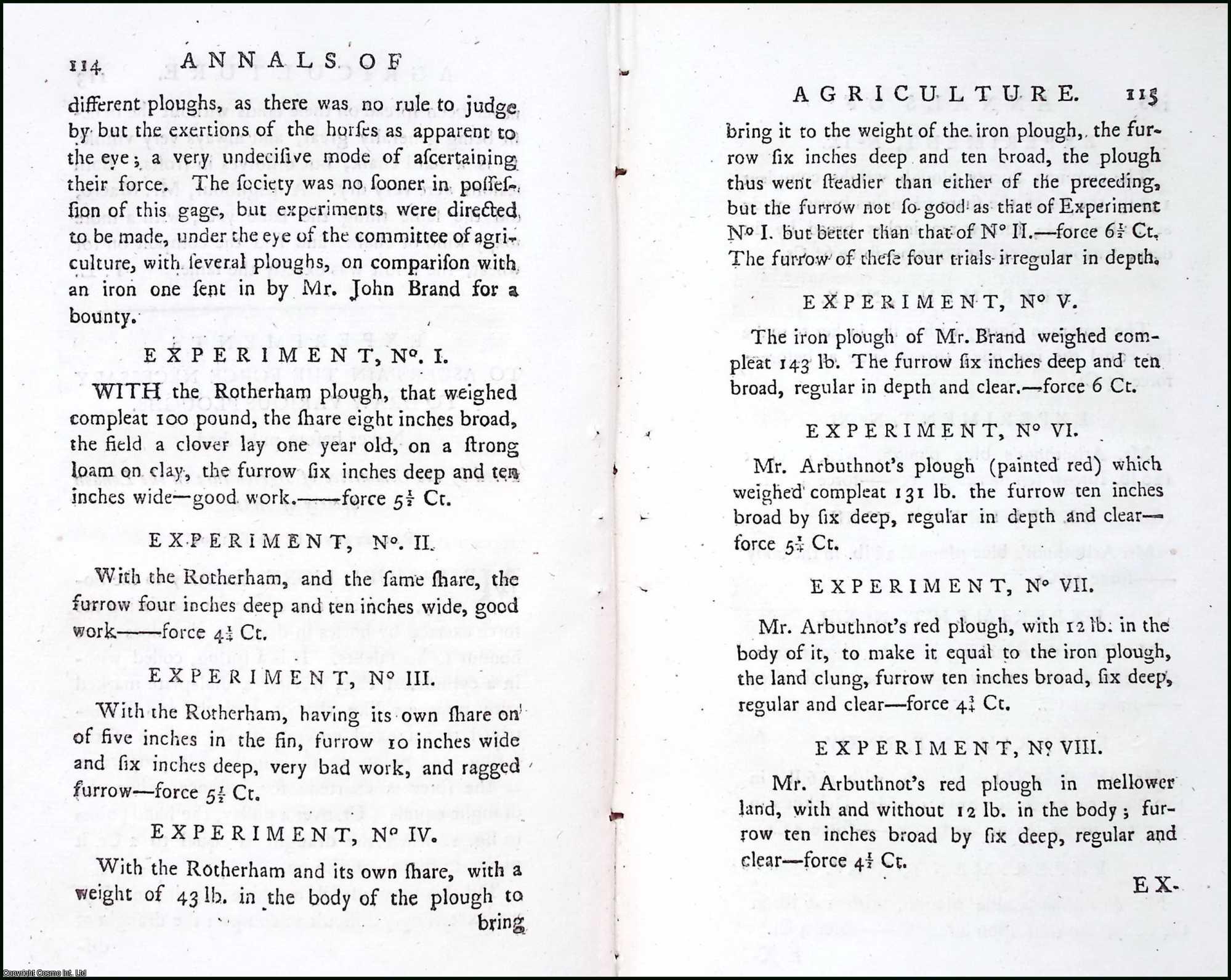MORE, SAMUEL - Experiments to Ascertain the Force necessary to Draw various Ploughs. A rare original article from the Annals of Agriculture, 1790.