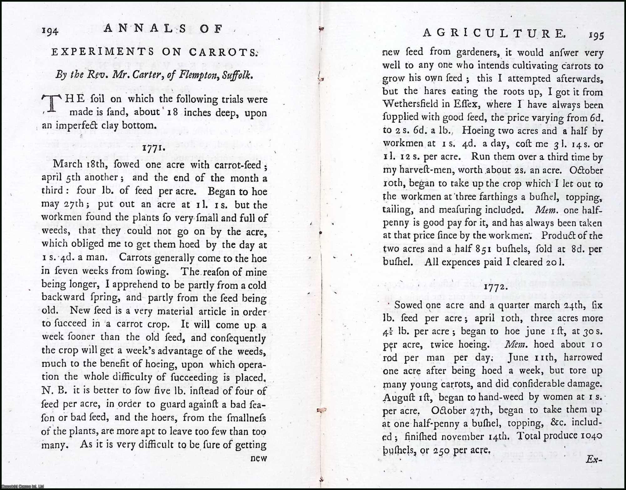 MR CARTER (OF FLEMPTON, SUFFOLK) - Experiments on Carrots. A rare original article from the Annals of Agriculture, 1790.
