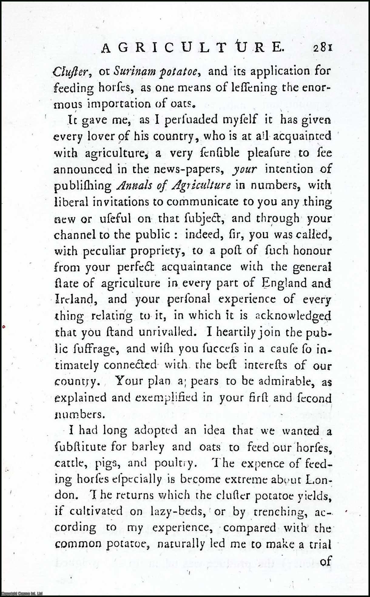 FORDYCE, SIR WILLIAM - On the Use of the Cluster Potato in Feeding Horses. A rare original article from the Annals of Agriculture, 1790.