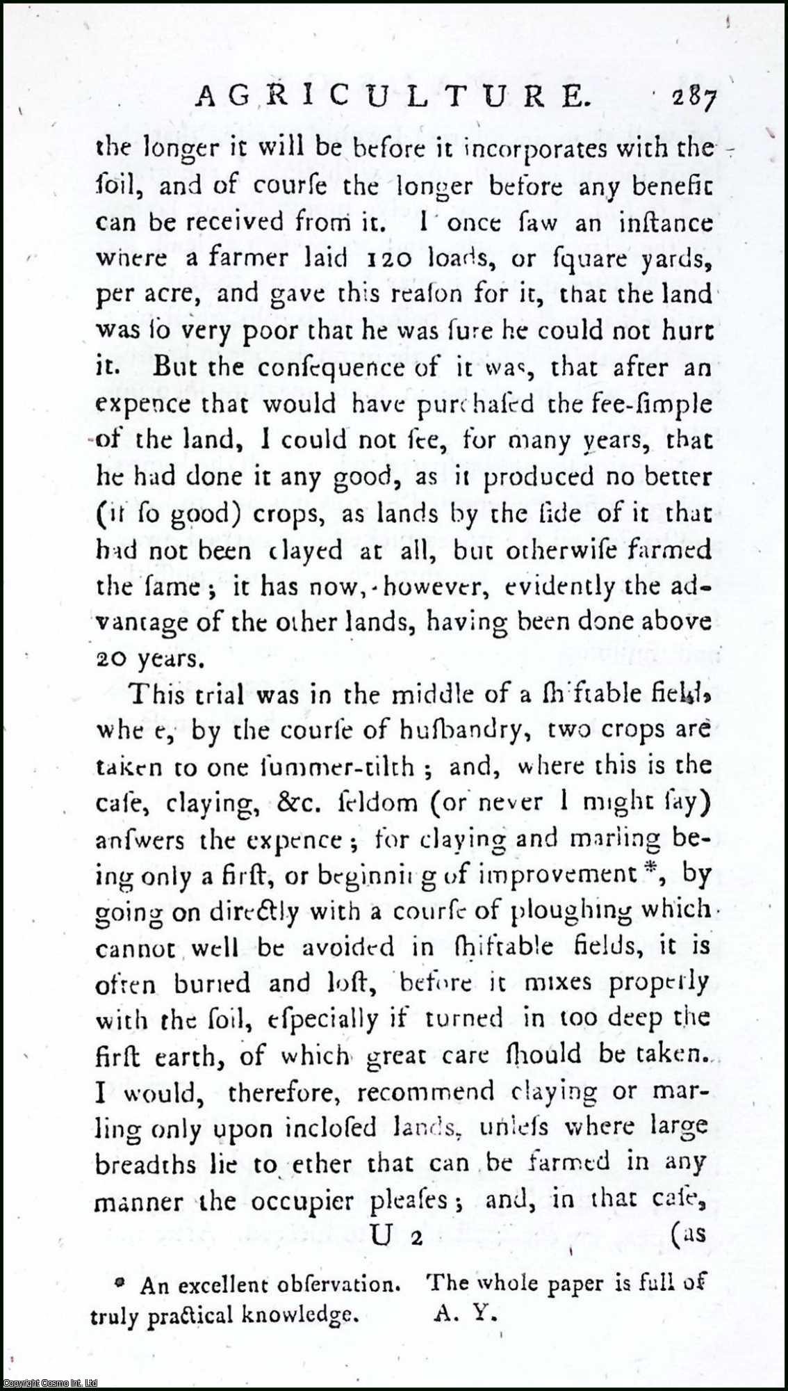MACRO (OF BARROW, SUFFOLK), W. - On Claying and Marling, and the Treatment of New Improved Lands. A rare original article from the Annals of Agriculture, 1790.
