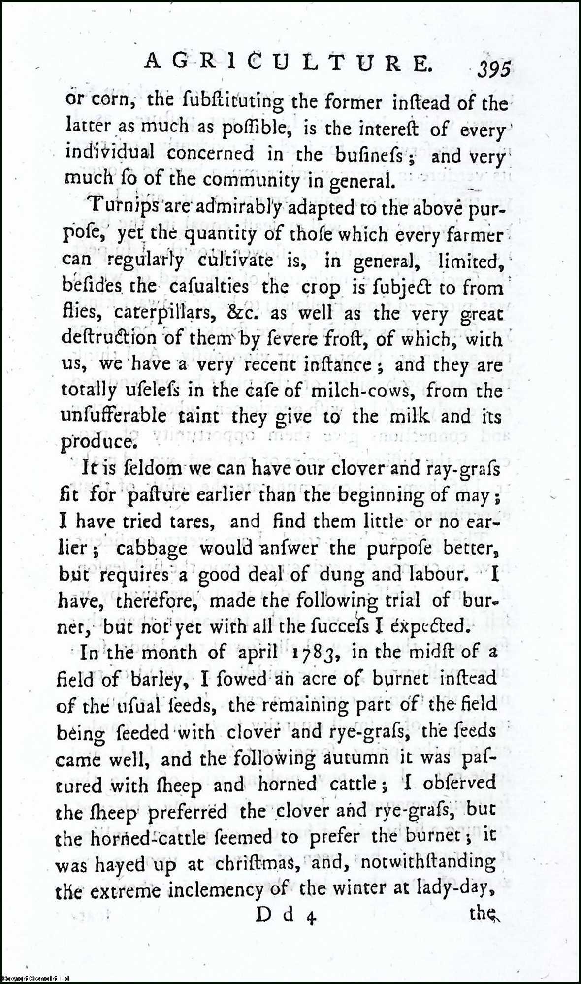 PITT (OF PENDEFORD, STAFFORDSHIRE), WILLIAM - Experiments on Burnet. A rare original article from the Annals of Agriculture, 1790.