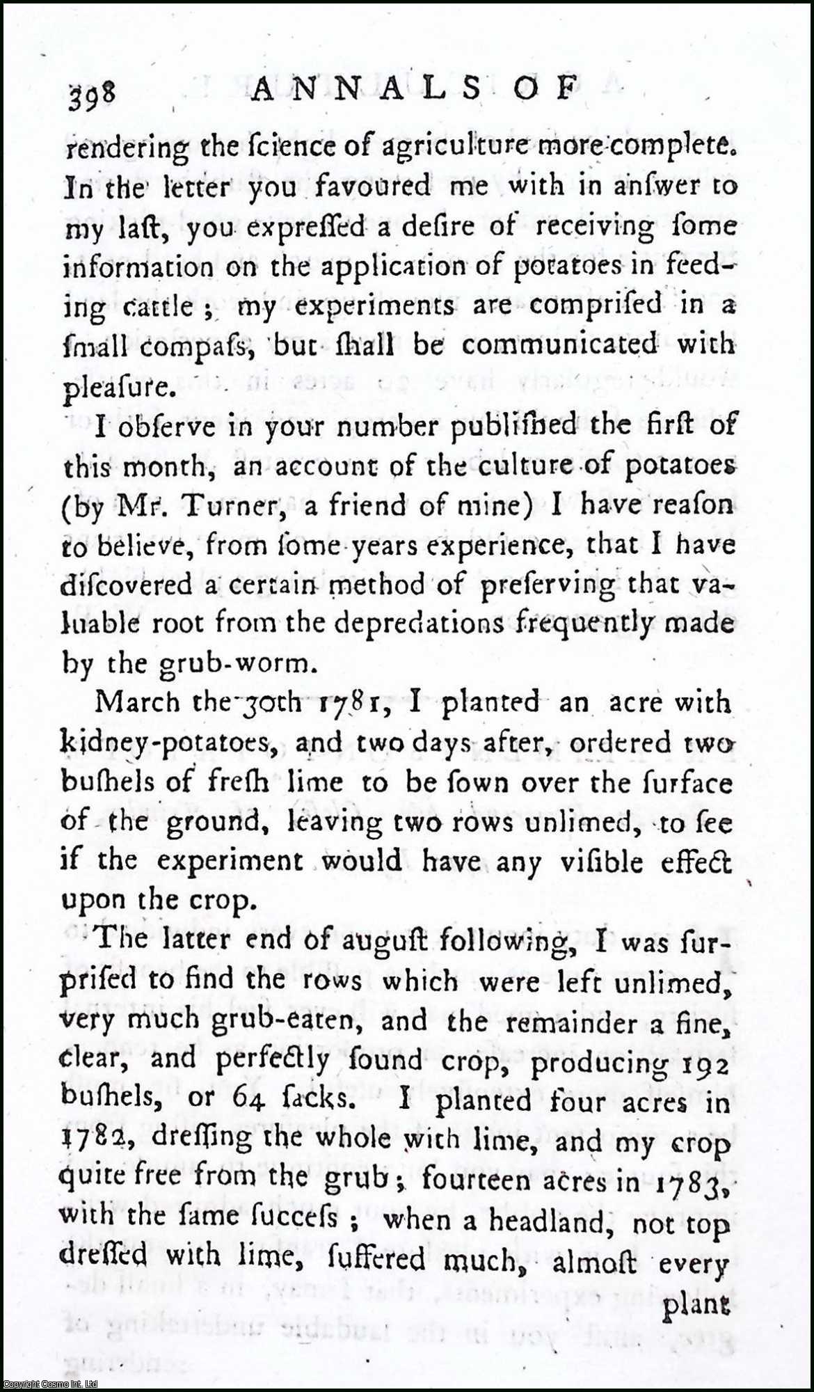 REV. MR. CLOSE (OF TRIMLEY, NEAR IPSWICH) - Experiments on Potatoes. A rare original article from the Annals of Agriculture, 1790.