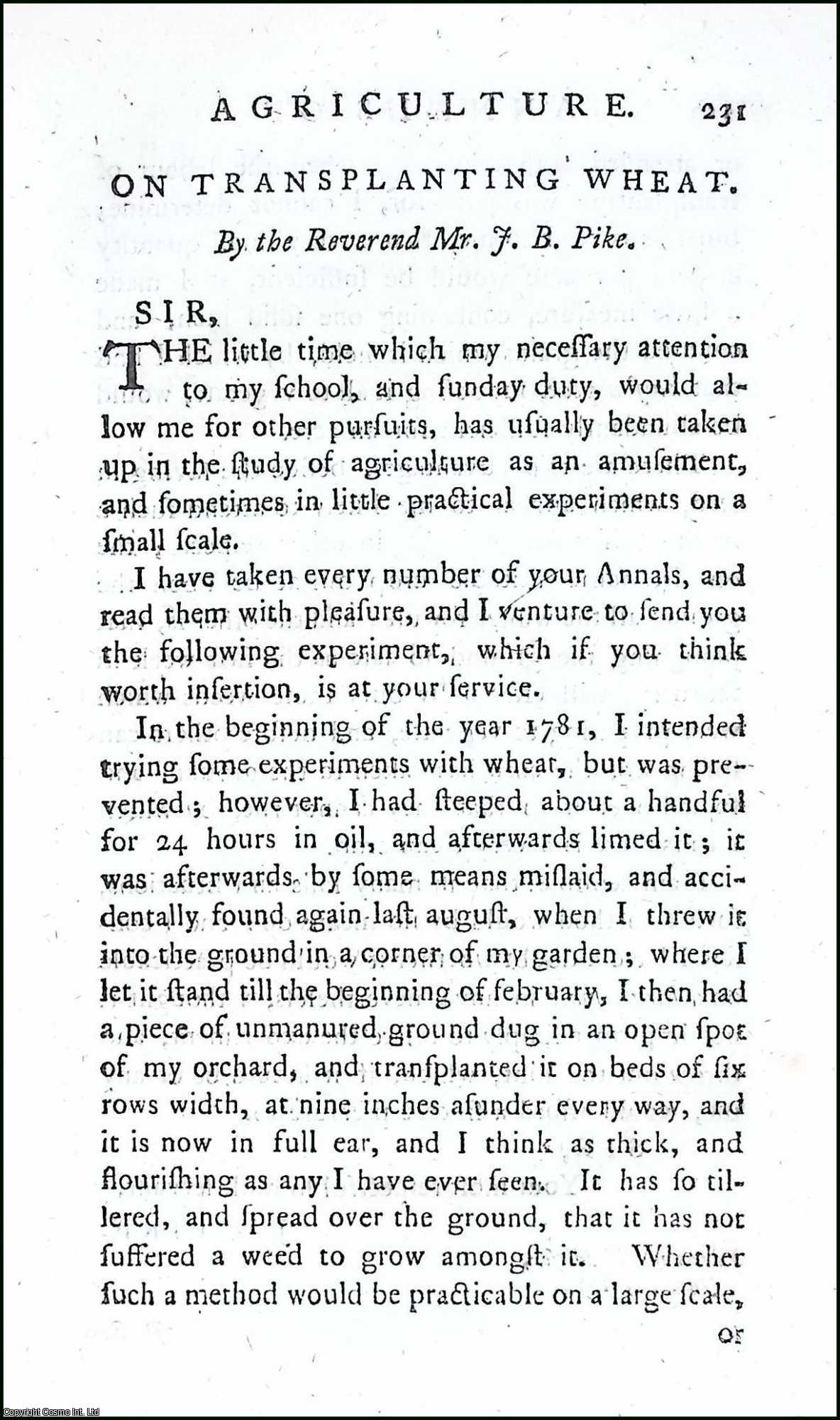 PIKE, REV. MR. J.B. - On Transplanting Wheat. A rare original article from the Annals of Agriculture, 1793.