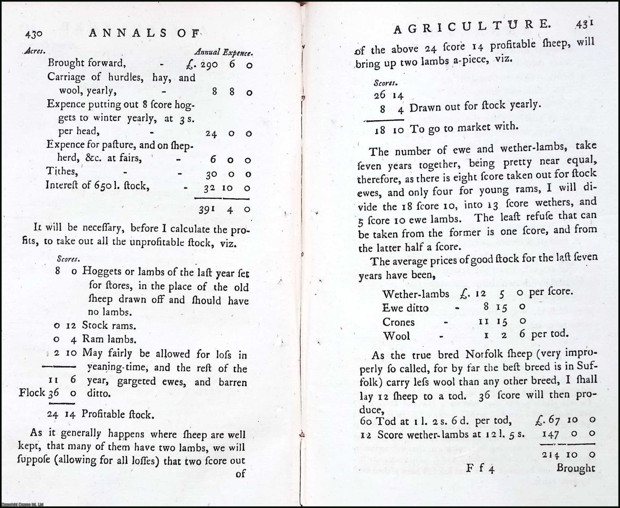 MACRO, W. - An Account of the Expence, Profits, and Management, of a Flock of Ewes. A rare original article from the Annals of Agriculture, 1793.