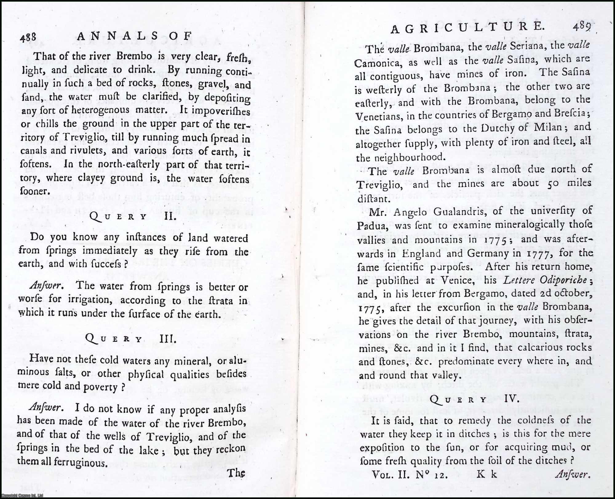 SONGA, ANTHONY - Queries on the Irrigation of Land answered. A rare original article from the Annals of Agriculture, 1793.
