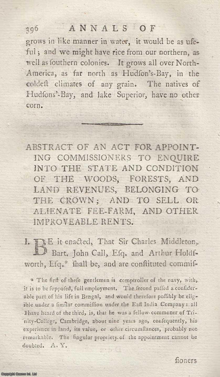 --- - Abstract of an Act for Appointing Commissioners to Enquire into the State and Condition of the Woods, Forests, and Land Revenues, belonging to the Crown; and to Sell or Alienate Fee-Farm, and other Improveable Rents. A rare original article from the Annals of Agriculture, 1786.