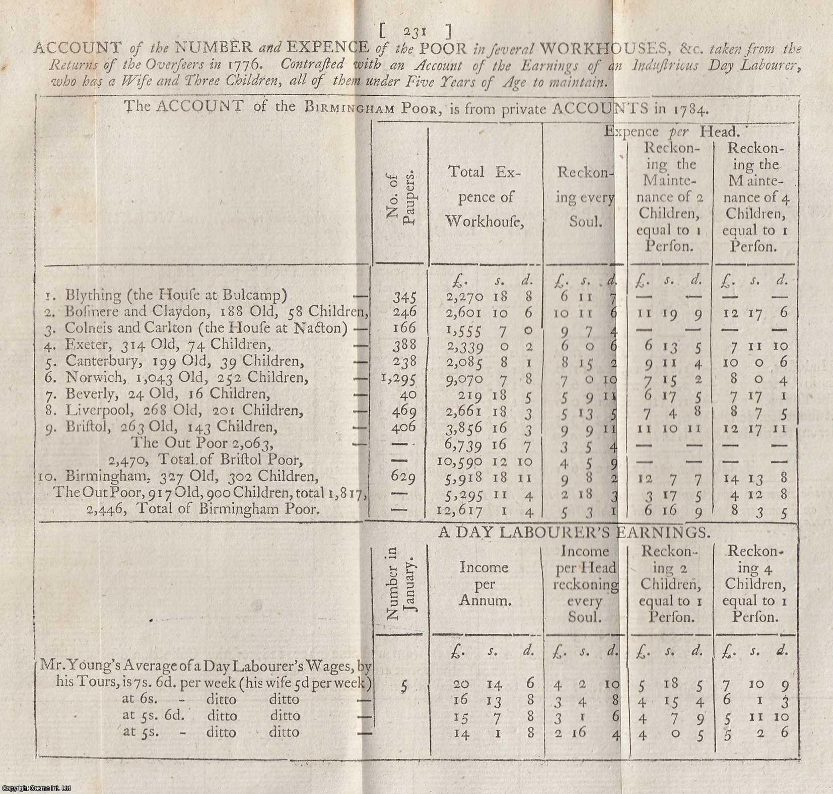 --- - On The Management Of The Poor. With two tables of workhouse accounts. A rare original article from the Annals of Agriculture, 1788.