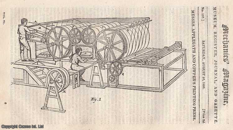 --- - Messrs. Applegath and Cowper's Printing Press; Vapour Bath; Hydrostatics and Hydraulics; Hints For Preventing The Explosion of Foul Air, &c; Mr. Ottley's Improved Oxy-Hydrogen Blow-Pipe; Carriage to Carry and Lay Down Its Own Rail-Road, etc. Mechanics' Magazine, Museum, Register, Journal and Gazette. Issue No. 157. A complete rare weekly issue of the Mechanics' Magazine, 1826.
