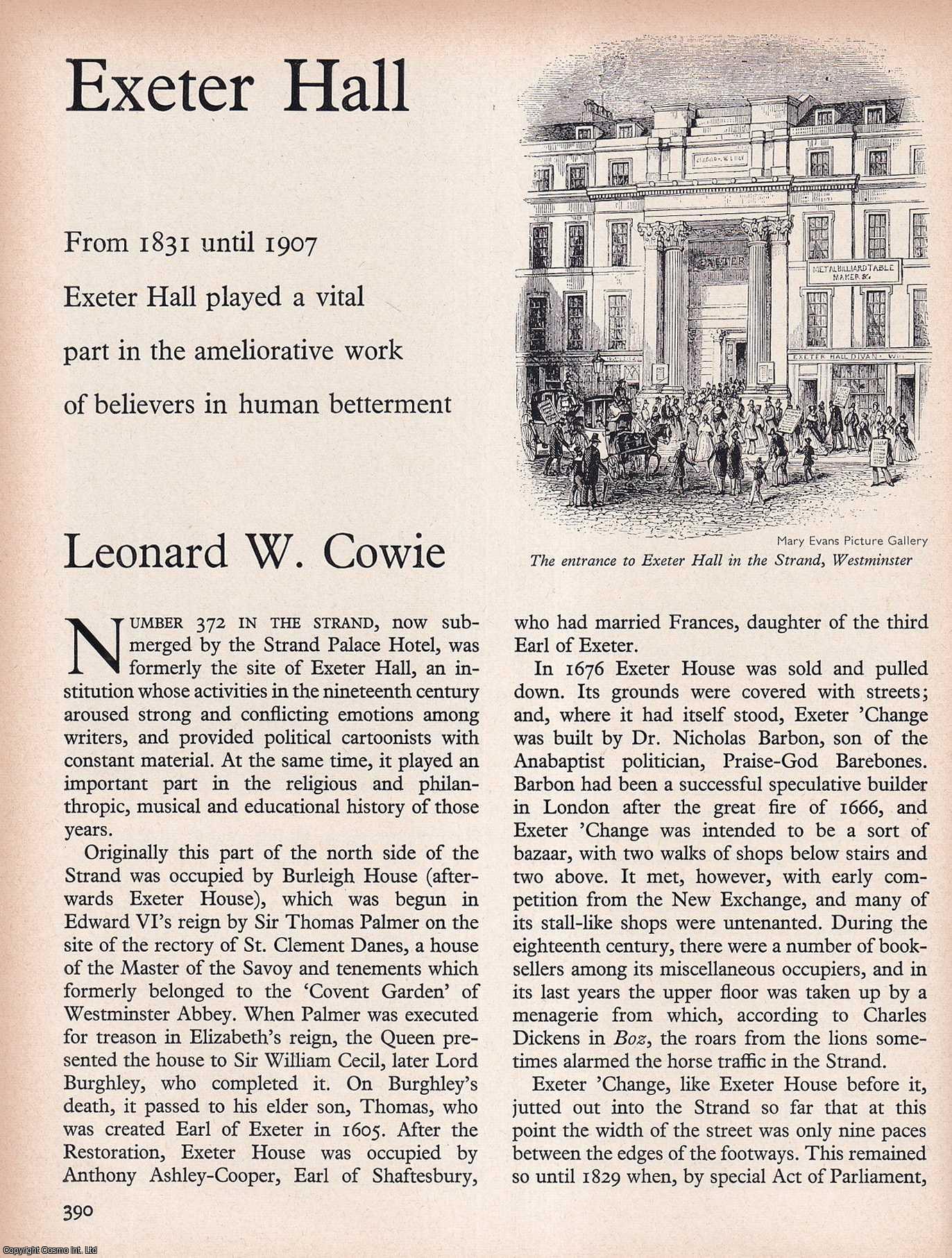 COWIE, LEONARD W. - Exeter Hall. An original article from History Today magazine, 1968.