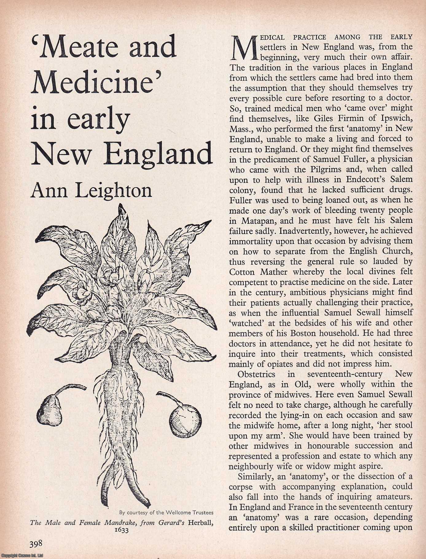 LEIGHTON, ANN - Meate and Medicine in Early New England. An original article from History Today magazine, 1968.