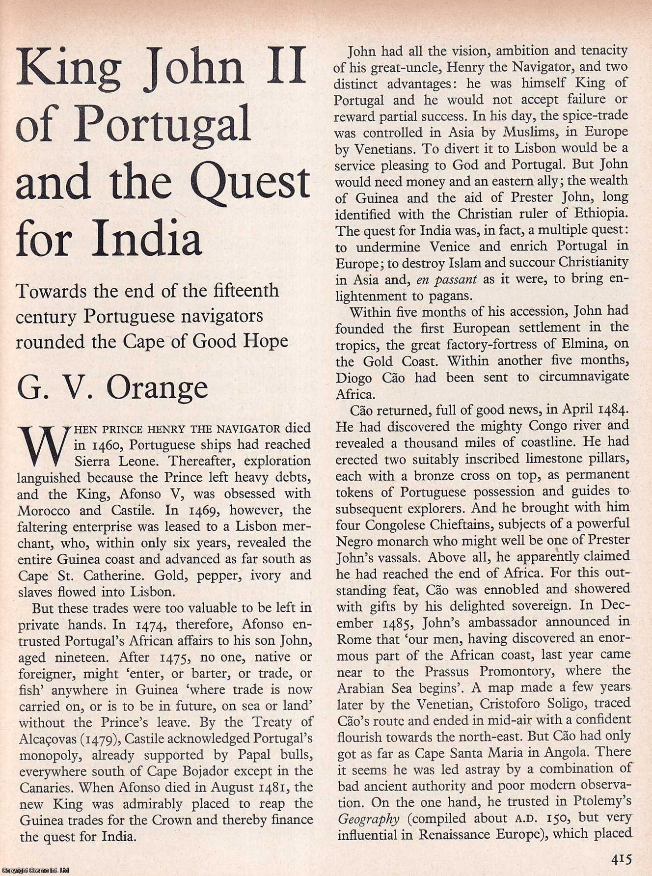 ORANGE, G.V. - King John II of Portugal and The Quest for India. An original article from History Today magazine, 1968.