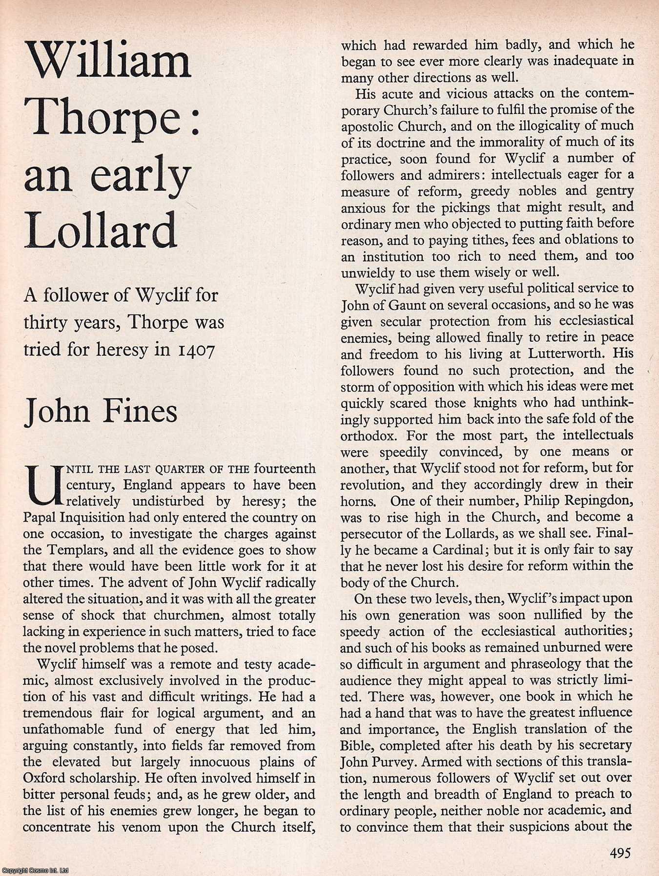 John Fines - William Thorpe: An Early Lollard. An original article from History Today magazine, 1968.