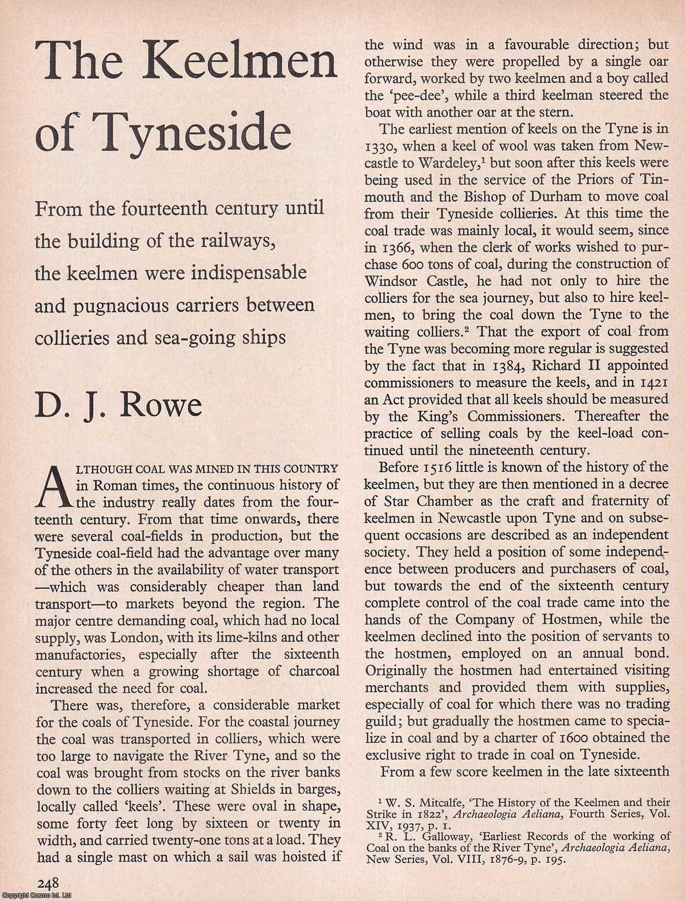 ROWE, D.J.A - The Keelmen of Tyneside. An original article from History Today magazine, 1969.