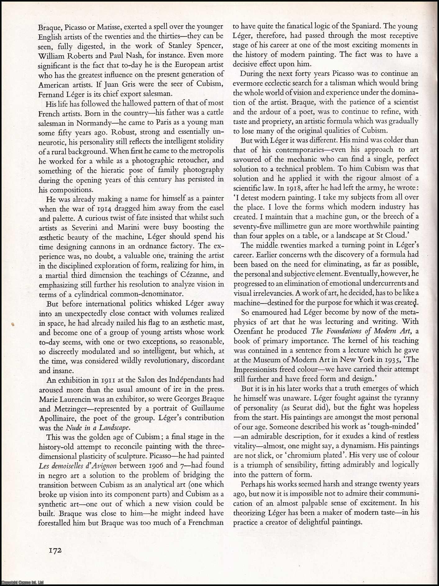 DENVIR, BERNARD - Fernand Leger: Painter of Modern Industrial Forms. An original article from the The Studio magazine, 1950.