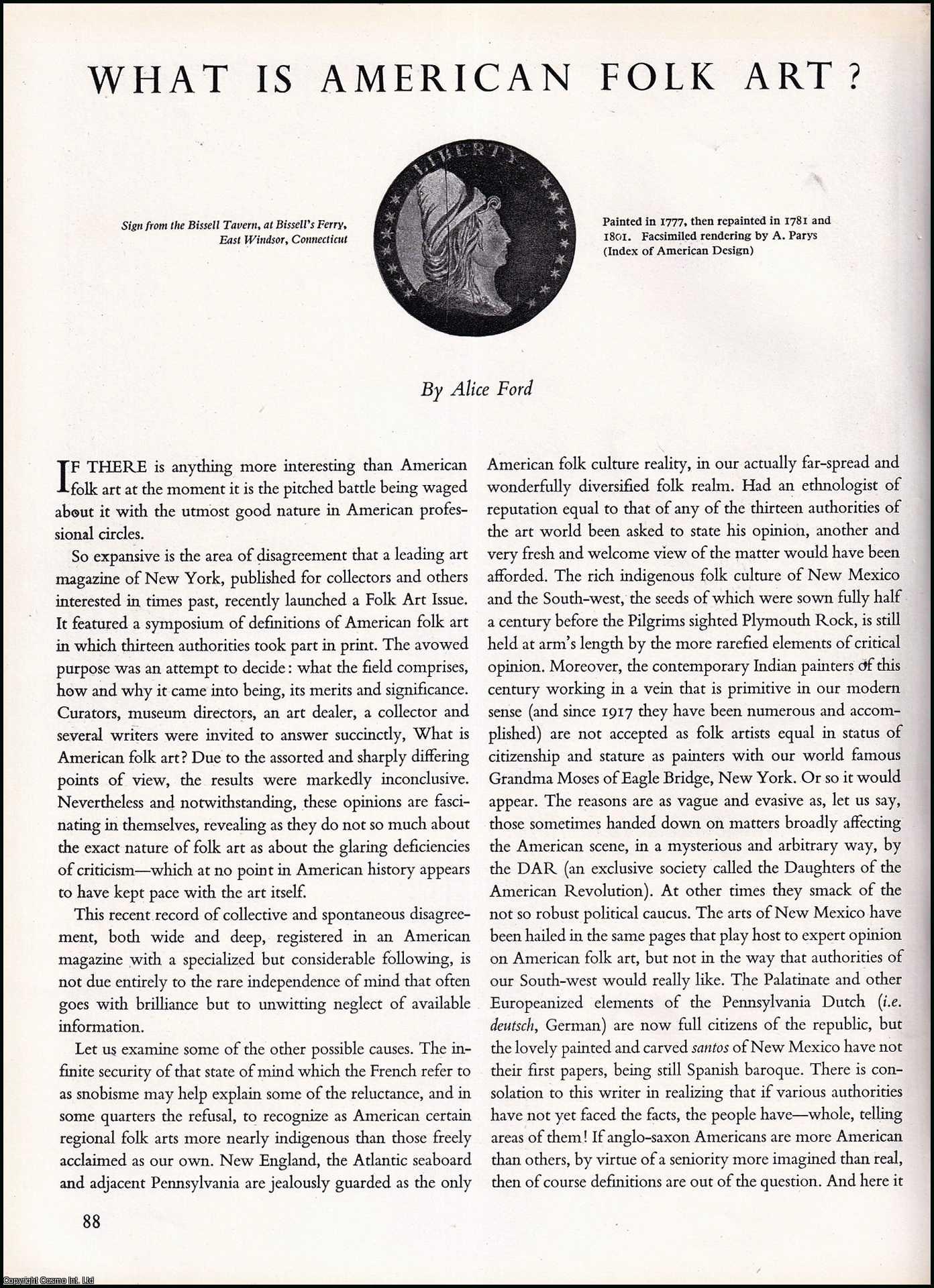 FORD, ALICE - What is American Folk Art? An original article from the The Studio magazine, 1951.