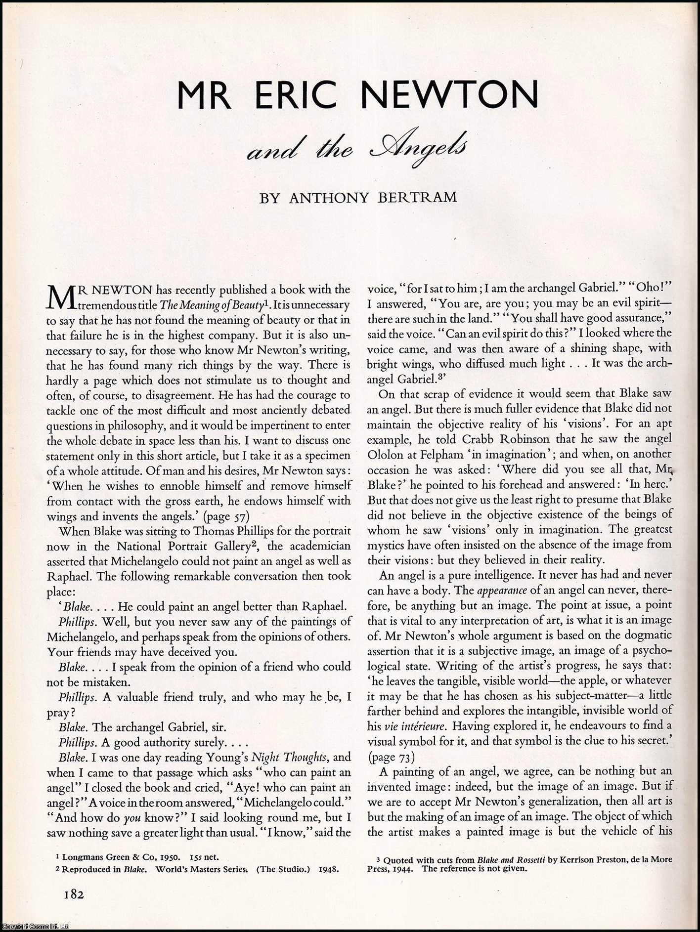 BERTRAM, ANTHONY - Mr Eric Newton and The Angels. An original article from the The Studio magazine, 1951.
