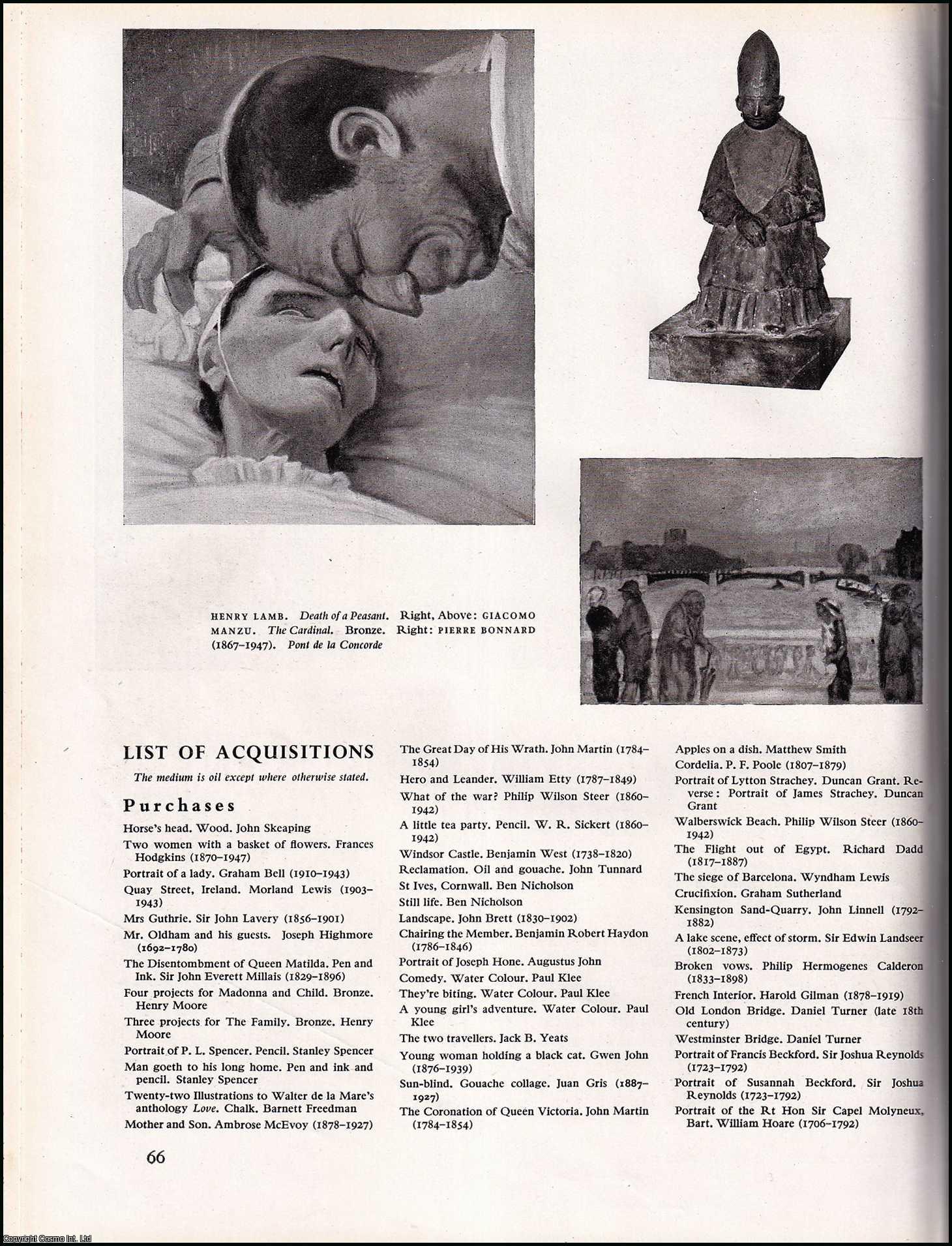 ROTHENSTEIN, JOHN - Tate Gallery Acquisitions 1944-1949. An original article from the The Studio magazine, 1949.