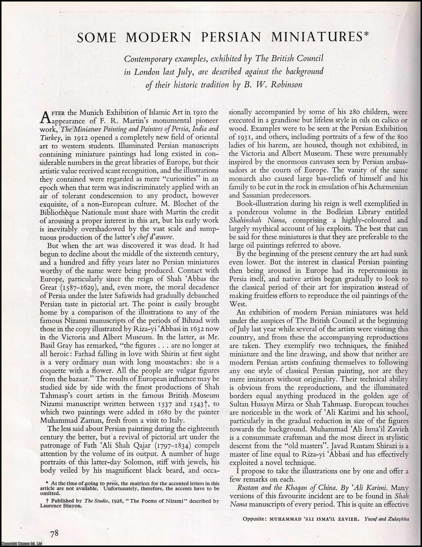 ROBINSON, B.W. - Some Modern Persian Miniatures. An original article from the The Studio magazine, 1948.