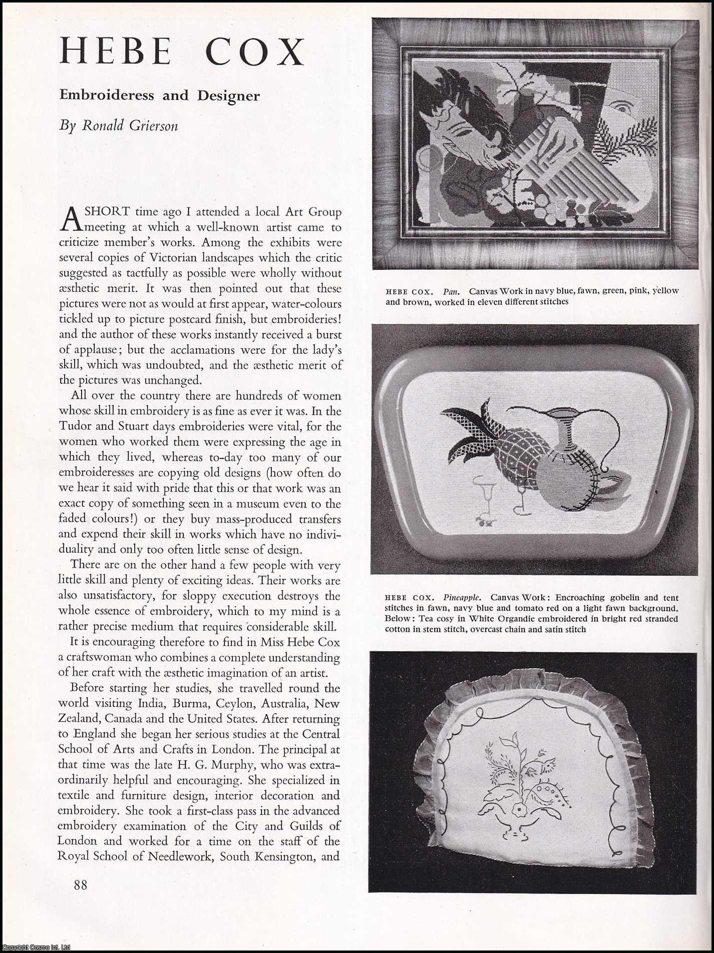 GRIERSON, RONALD - Hebe Cox: Embroideress and Designer. An original article from the The Studio magazine, 1948.