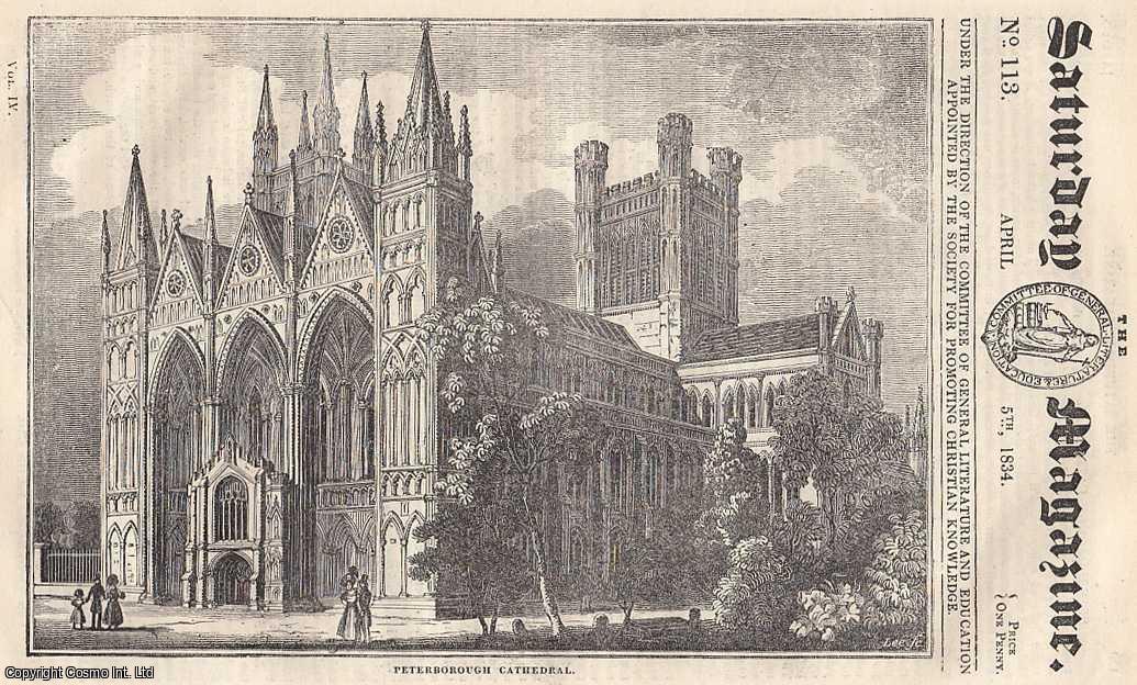 ---. - Peterborough Cathedral; The Cow-Tree of South America; The Islands of Ireland; Singular Dexterity of a Goat, etc. Issue No. 113. April, 1834. A complete rare weekly issue of the Saturday Magazine, 1834.