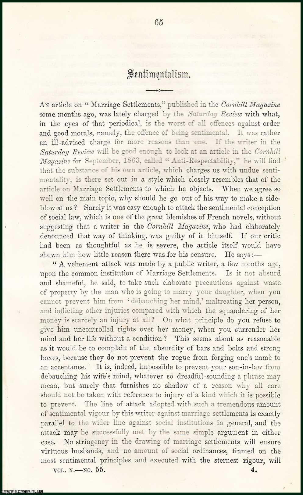 STEPHEN, FITZJAMES - Sentimentalism. A rare article from the Cornhill Magazine, 1864.