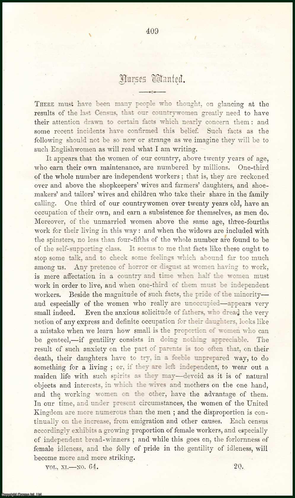 MARTINEAU, HARRIET - Nurses Wanted. An original article from the Cornhill Magazine 1865.