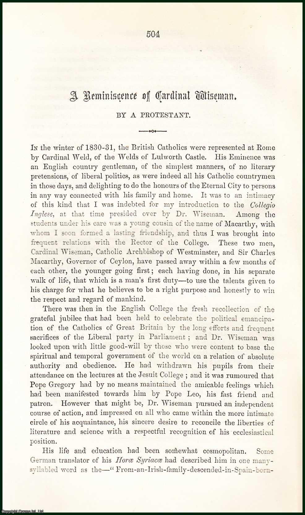 MILNES, R. M. - A Reminiscence of Cardinal Wiseman. A rare article from the Cornhill Magazine, 1865.