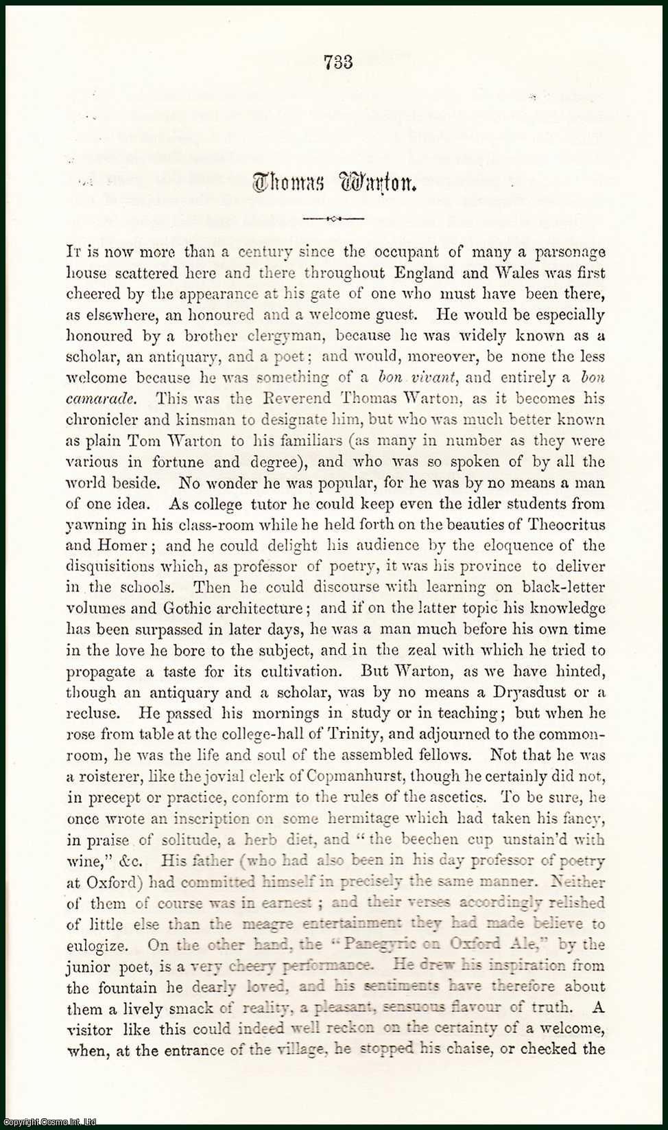 LEE, HENRY BOYLE - Thomas Warton. A rare article from the Cornhill Magazine, 1865.