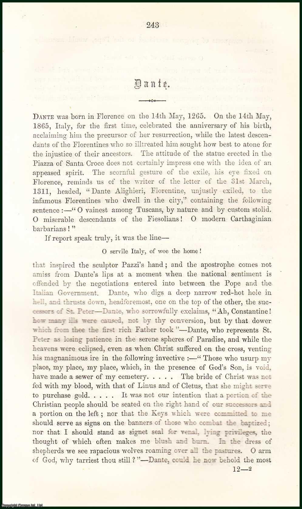 MARIO, ALBERTO - Dante. A rare article from the Cornhill Magazine, 1865.