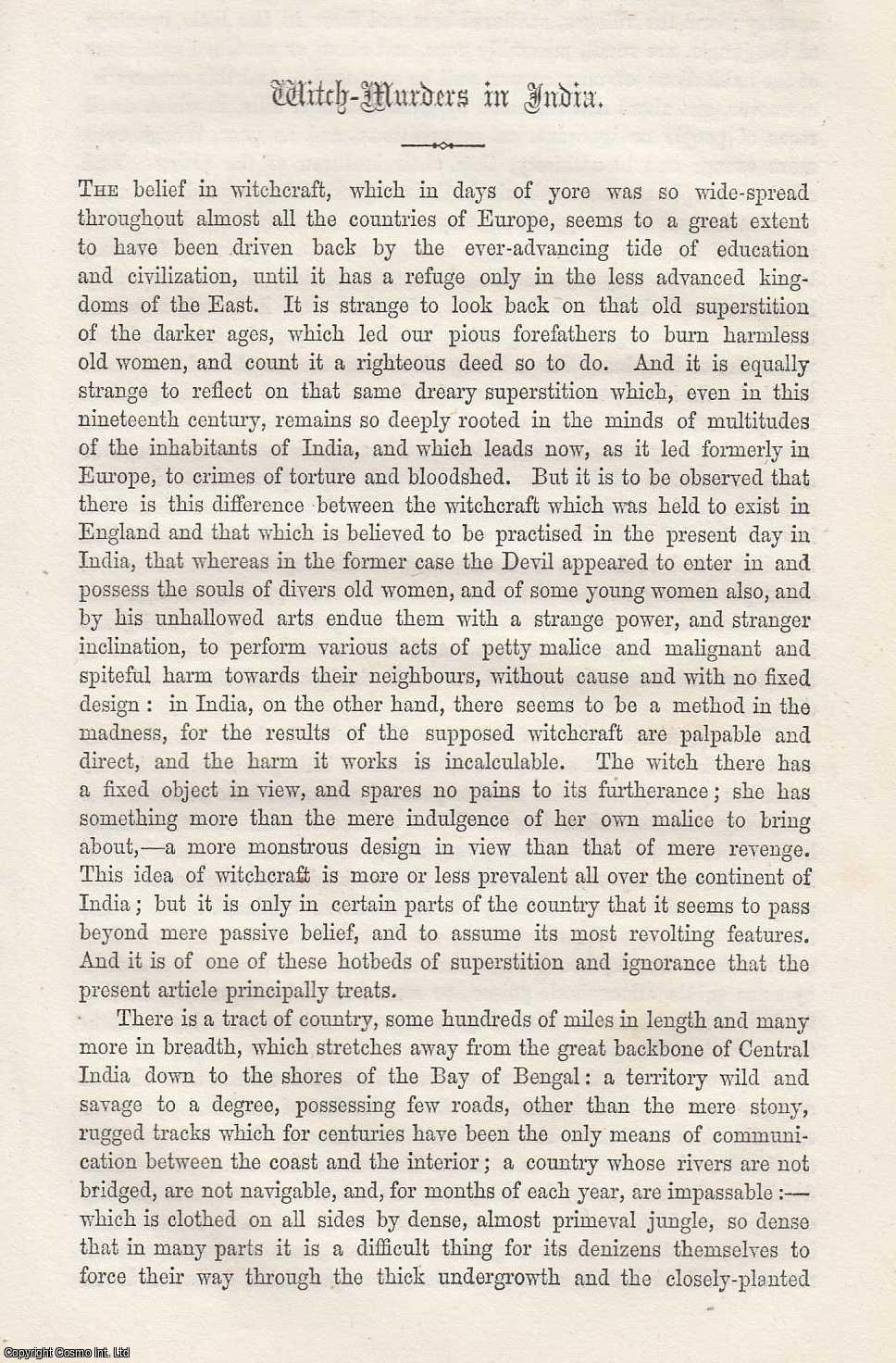 O.M. Bradshaw - Witch-Murders in India. An uncommon original article from the Cornhill Magazine 1867.