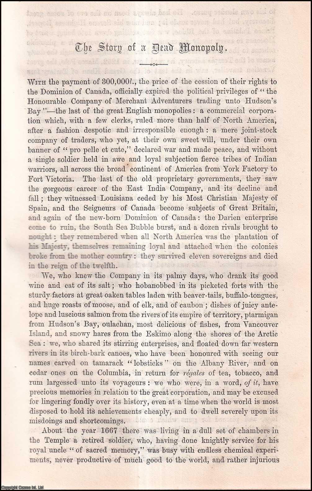 Robert Brown - The Story of a Dead Monopoly : the Hudson's Bay Company. An uncommon original article from the Cornhill Magazine, 1870.