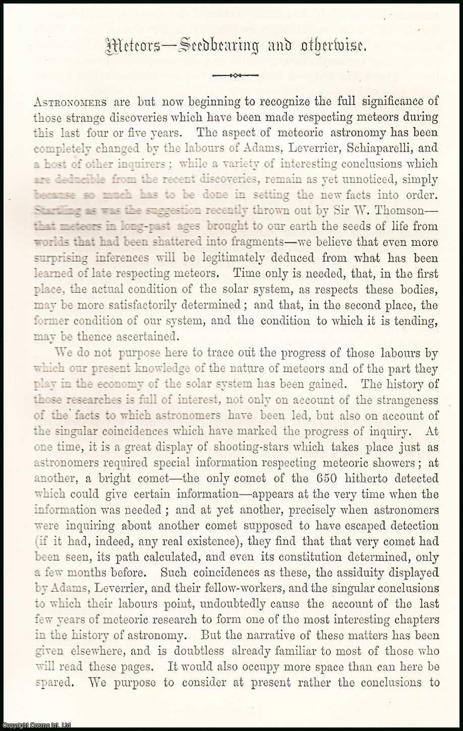 R.A. Proctor - Astronomy : Meteors - Seedbearing and Otherwise. An uncommon original article from the Cornhill Magazine, 1872.