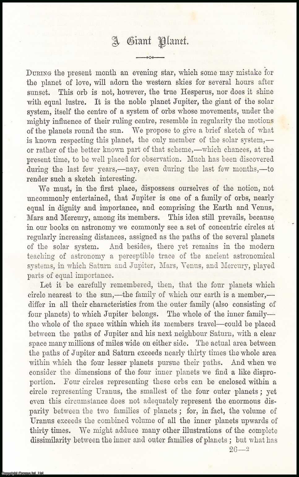 R.A. Proctor - Astronomy : A Giant Planet, Jupiter. An uncommon original article from the Cornhill Magazine, 1872.