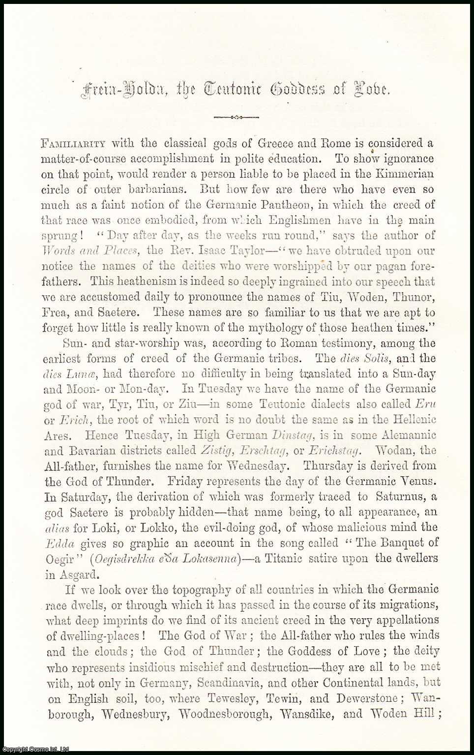 BLIND, KARL - Freia-Holda, The Teutonic Goddess of Love. A rare article from the Cornhill Magazine, 1872.