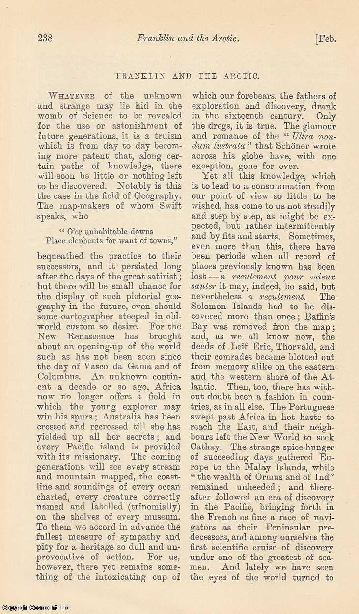 GUILLEMARD, F. H. H. - Franklin and The Arctic. A rare original article from the Blackwood's Edinburgh Magazine, 1897.