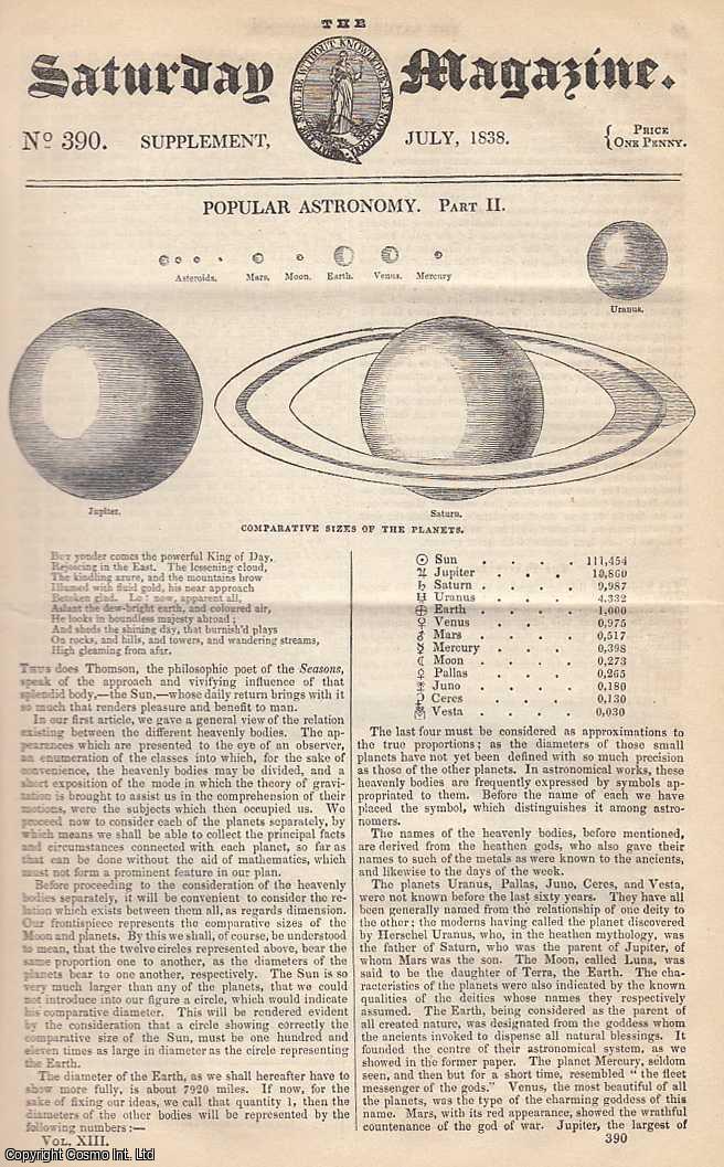 ---. - Popular Astronomy, part 2: Comparative Sizes of The Planets. Issue No. 390. July, 1838. A complete rare weekly issue of the Saturday Magazine, 1838.