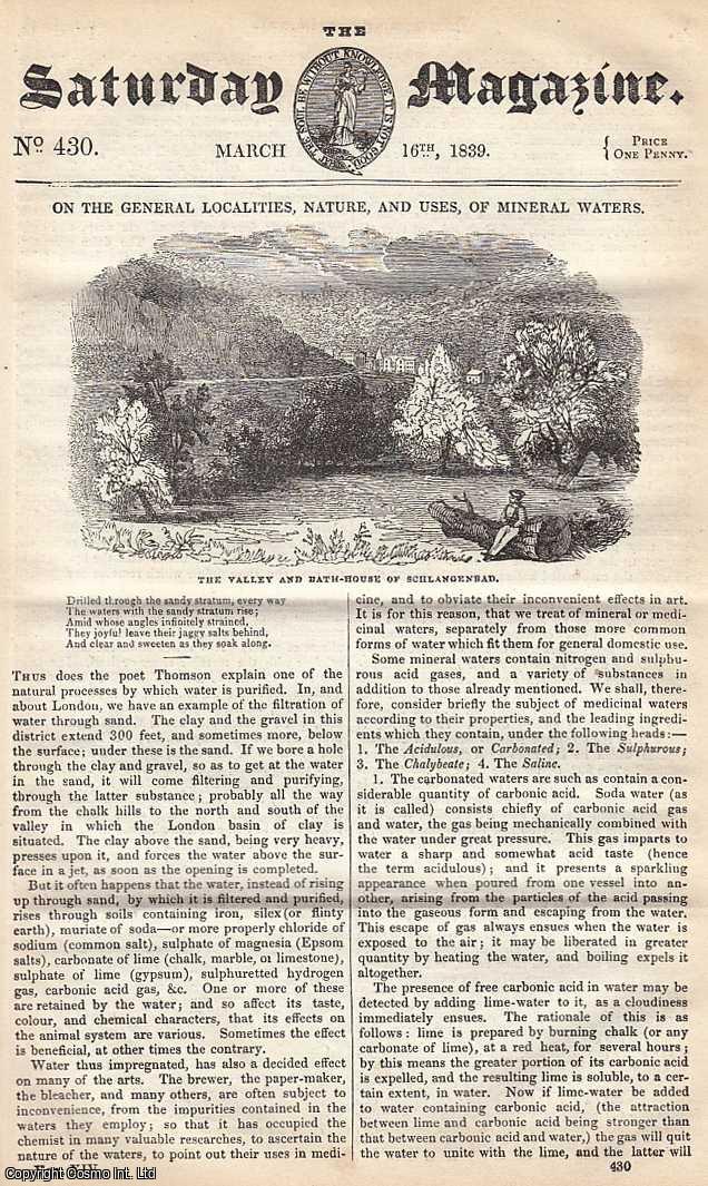 Saturday Magazine - The General Localities, Nature, and Uses, of Mineral Waters, part 1; England in The Olden Time: Games with a Ball; Struggle between an Eagle and a Salmon, etc. Issue No. 430. March, 1839. A complete original weekly issue of the Saturday Magazine, 1839.