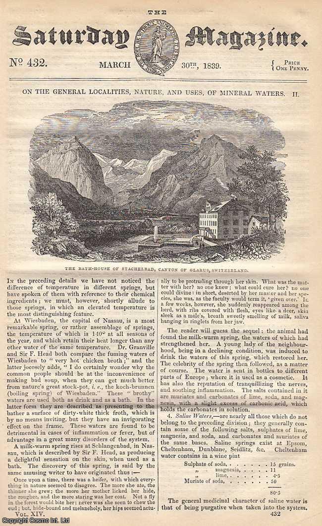 Saturday Magazine - The General Localities, Nature, and Uses, of Mineral Waters, part 2; Keeping Independence; Recreations in Natural Philosophy: The Elasticity of Air, etc. Issue No. 432. March, 1839. A complete original weekly issue of the Saturday Magazine, 1839.